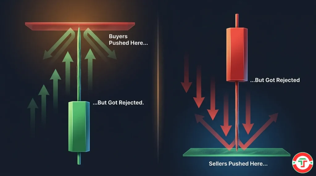 Split illustration showing price rejection through candlestick wicks: left side shows a long upper wick where buyers pushed price up but sellers rejected it, right side shows a long lower wick where sellers pushed price down but buyers rejected it