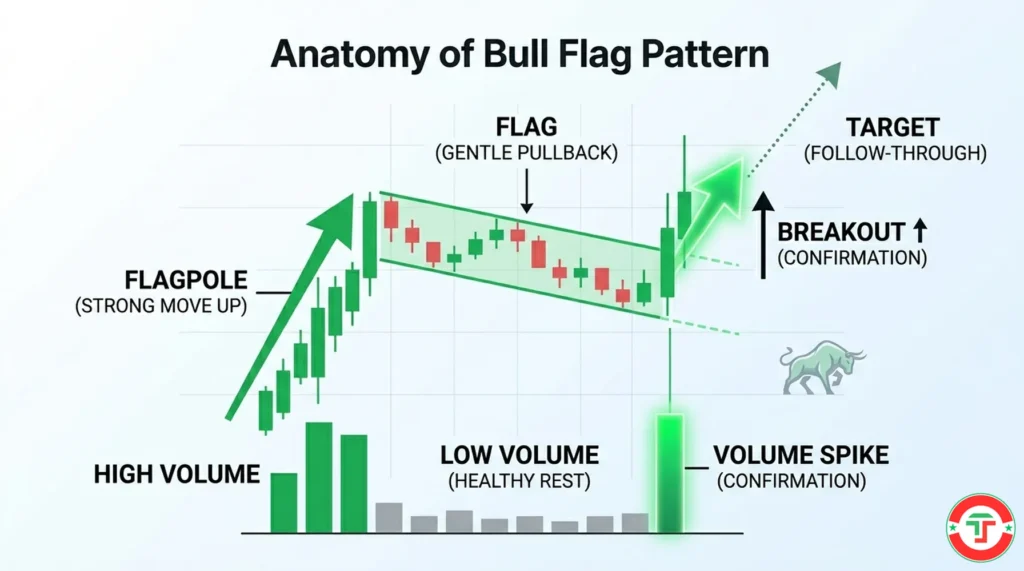 Annotated diagram showing the anatomy of a bull flag chart pattern — a steep upward flagpole on high volume followed by a gentle downward-sloping flag on low volume, with a breakout arrow showing the expected continuation move.