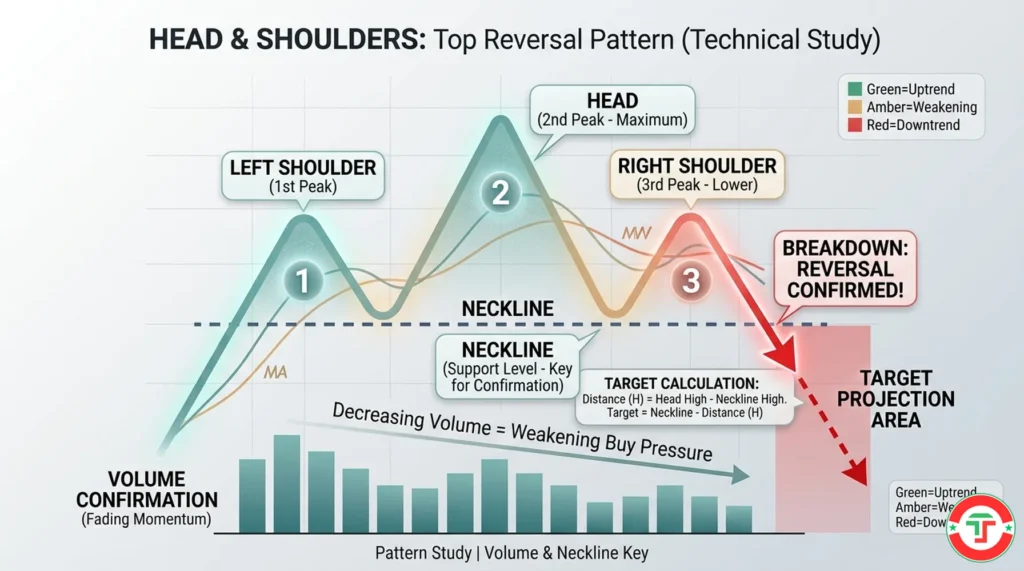 Annotated diagram of a head and shoulders reversal pattern showing the left shoulder, head, and right shoulder with declining volume bars beneath each peak, a neckline drawn across the valleys, and a breakdown arrow confirming the reversal.