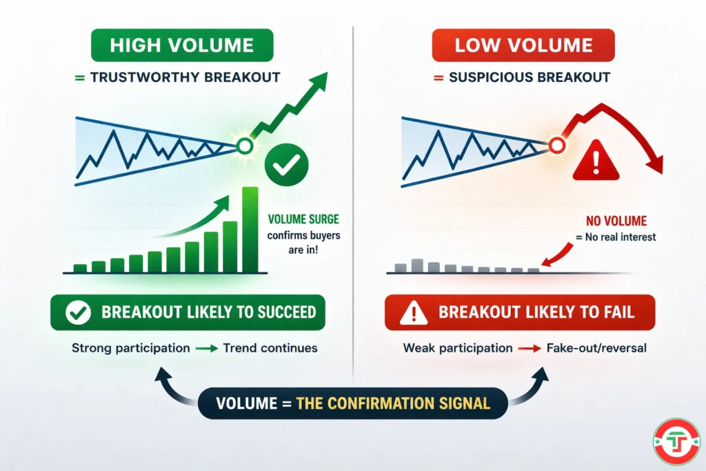 Split comparison showing two identical chart pattern breakouts — one with strong volume confirmation labeled trustworthy, and one with weak volume labeled suspicious — illustrating why volume is the essential confirmation tool for chart patterns.