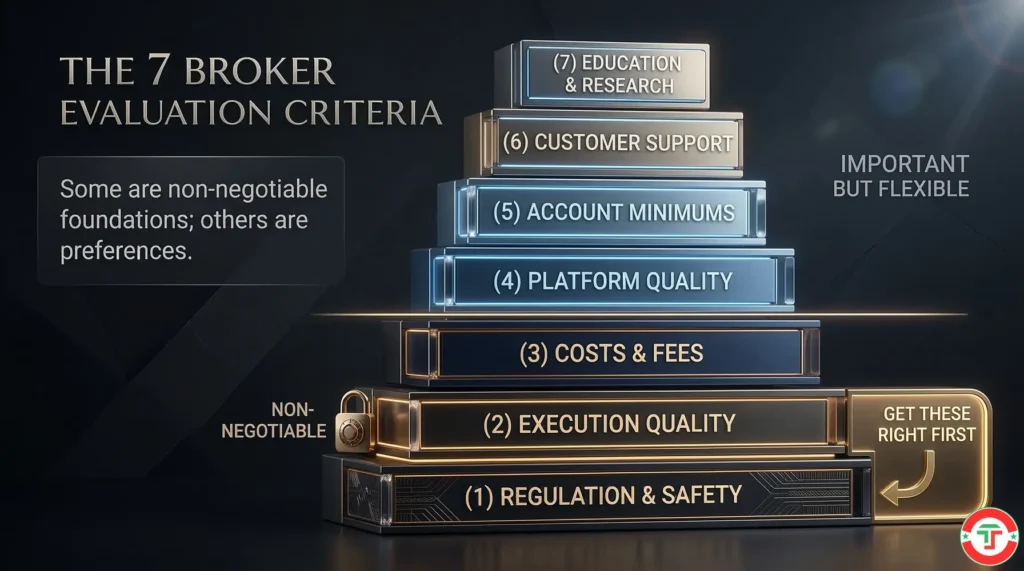 Infographic showing seven broker evaluation criteria arranged as a priority pyramid — regulation and safety at the base, execution quality and costs in the middle, platform, account minimums, support, and education at the top, teaching that not all broker criteria carry equal weight