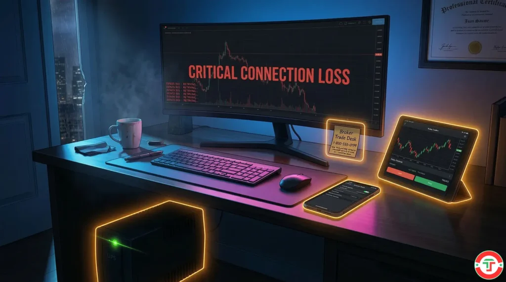Semi-realistic illustration of a day trader's desk with four visible safety layers — a UPS battery backup under the desk, a phone showing a mobile hotspot, a tablet with the broker app open, and a sticky note with the broker emergency phone number — teaching that backup planning is a trader's first risk management decision