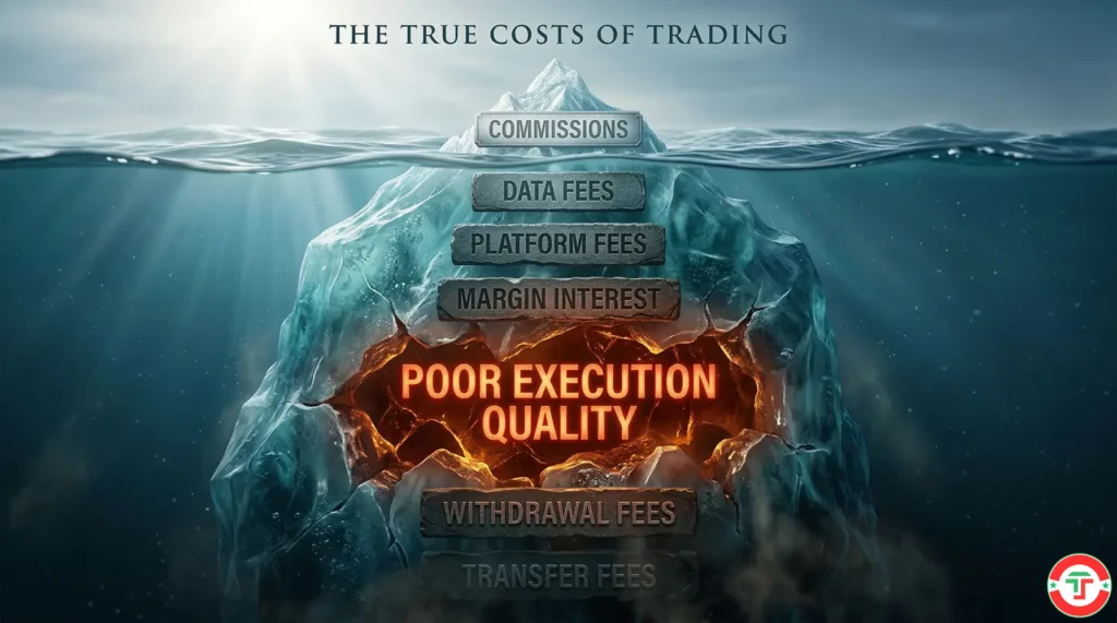 Illustration of an iceberg where the small visible tip above water is labeled commissions and the massive submerged portion shows hidden broker costs — data fees, platform fees, margin interest, withdrawal fees, inactivity fees, and poor execution quality
