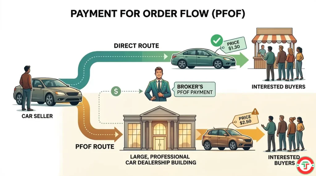 Semi-realistic illustration showing two paths for selling a car — one going directly to buyers at a fair price, the other routed through a dealer middleman who pays a referral fee but offers a slightly lower price — teaching how payment for order flow works in broker execution