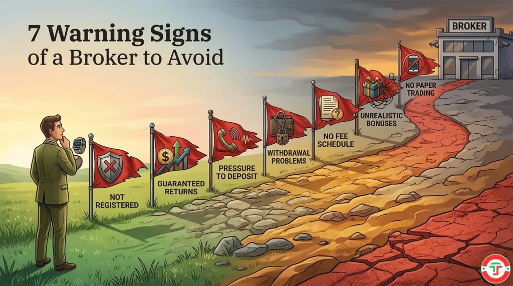 Digital art illustration showing a row of seven red warning flags planted along a path leading to a broker's office, each flag labeled with a broker warning sign — unregistered, guaranteed returns, withdrawal problems, pressure tactics, no fee schedule, unrealistic bonuses, no paper trading
