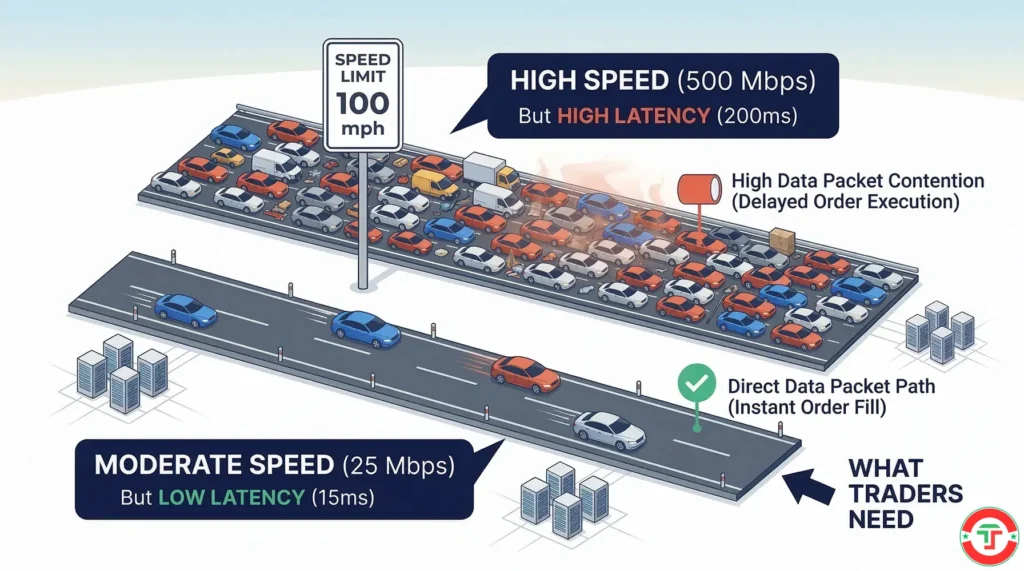 Infographic comparing internet speed versus latency for day trading using a highway analogy — a wide ten-lane highway with a slow speed limit versus a narrow two-lane road with no speed limit, showing why low latency matters more than bandwidth
