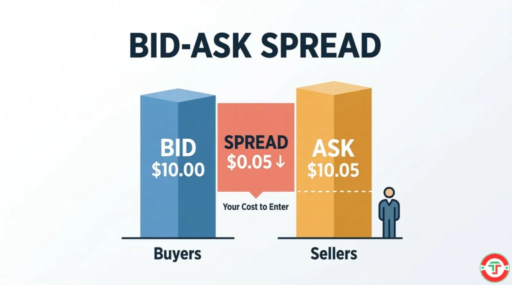 Day trading lingo visual showing bid price at $10.00 and ask price at $10.05 with a highlighted gap representing the bid-ask spread — the invisible cost traders pay on every trade
