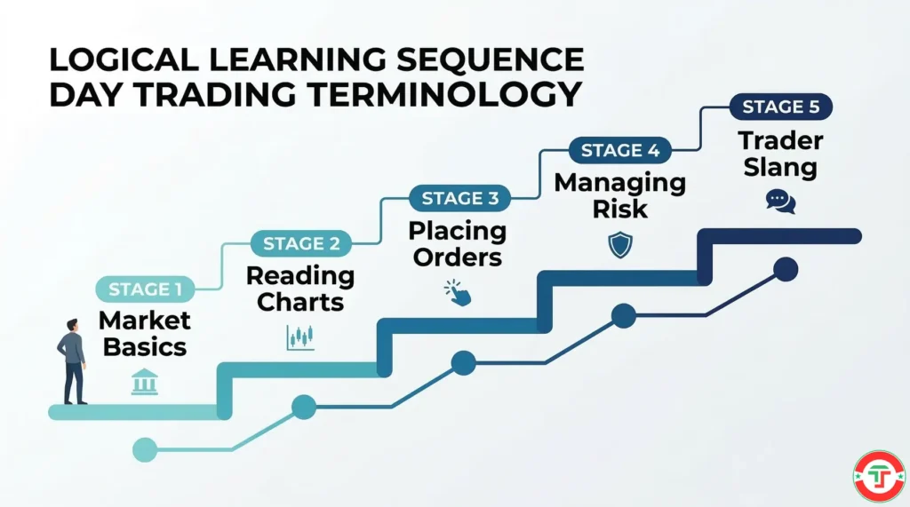 
Infographic showing five sequential stages of day trading terminology: market basics, chart reading, order placement, risk management, and trader slang — illustrating the beginner learning path