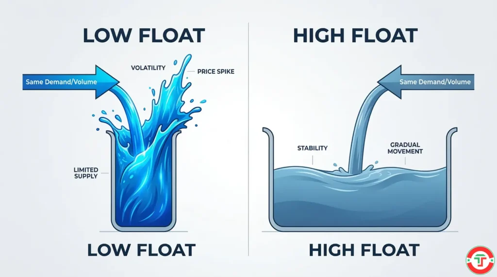 Day trading lingo comparison showing low float stock with dramatic price movement versus high float stock with gradual price movement — illustrating how share supply affects volatility