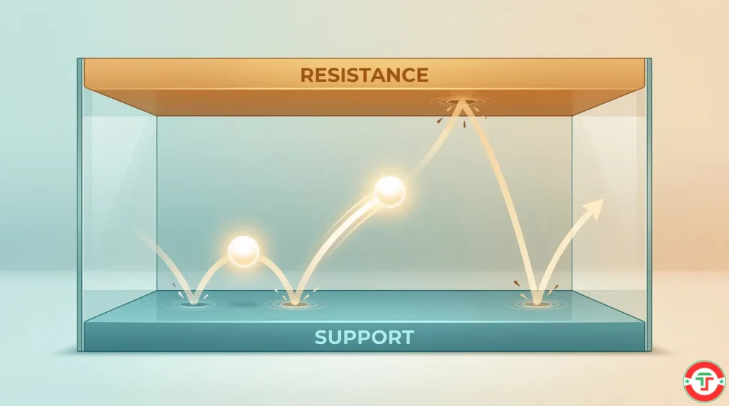 Day trading lingo metaphor showing support as a solid floor and resistance as a ceiling with price bouncing between them — illustrating how price levels act as barriers