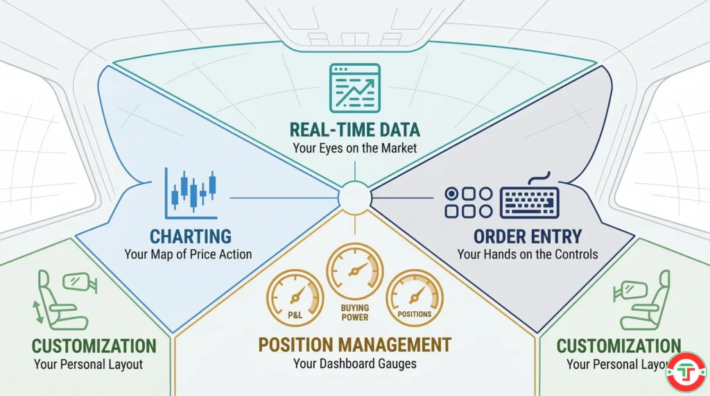 Infographic showing five essential day trading platform features arranged as cockpit instruments — real-time data as the windshield, charting as the navigation map, order entry as the controls, position management as dashboard gauges, and customization as the adjustable seat and mirrors