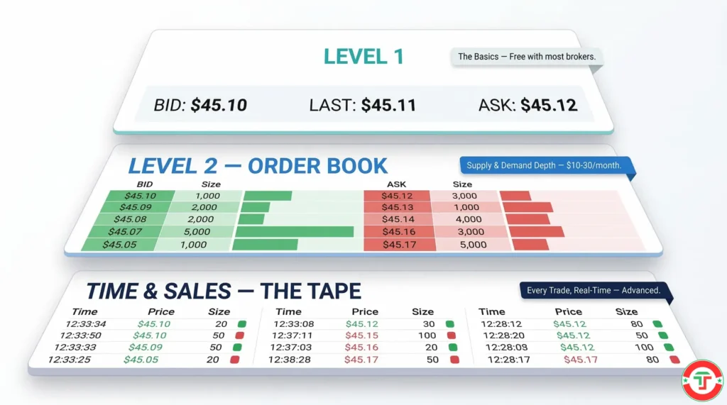 Infographic showing three tiers of market data stacked vertically — Level 1 showing best bid, ask, and last price at the top, Level 2 showing the full order book with multiple price levels in the middle, and Time and Sales showing a streaming trade tape at the bottom
