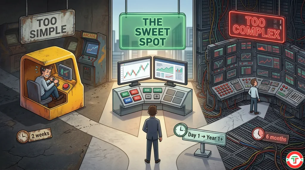 Digital art illustration showing three paths diverging from a beginner trader — left path leads to a tiny, toy-like cockpit the trader has already outgrown, right path leads to an overwhelming NASA mission control with hundreds of screens, and the center path leads to a clean, capable cockpit that's comfortable now with room to expand