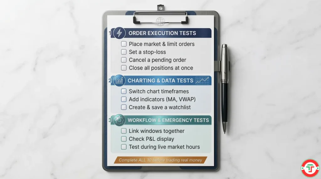 Infographic showing a test-drive checklist for evaluating a day trading platform — ten items arranged as checkboxes on a clipboard, grouped into three categories: order execution tests, charting and data tests, and workflow and emergency tests