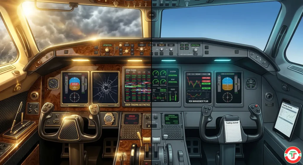 Semi-realistic illustration of two contrasting pilot cockpits — one cluttered with unnecessary gold-plated instruments, the other clean and functional with reliable gauges, teaching that a day trading setup needs reliability over flashiness