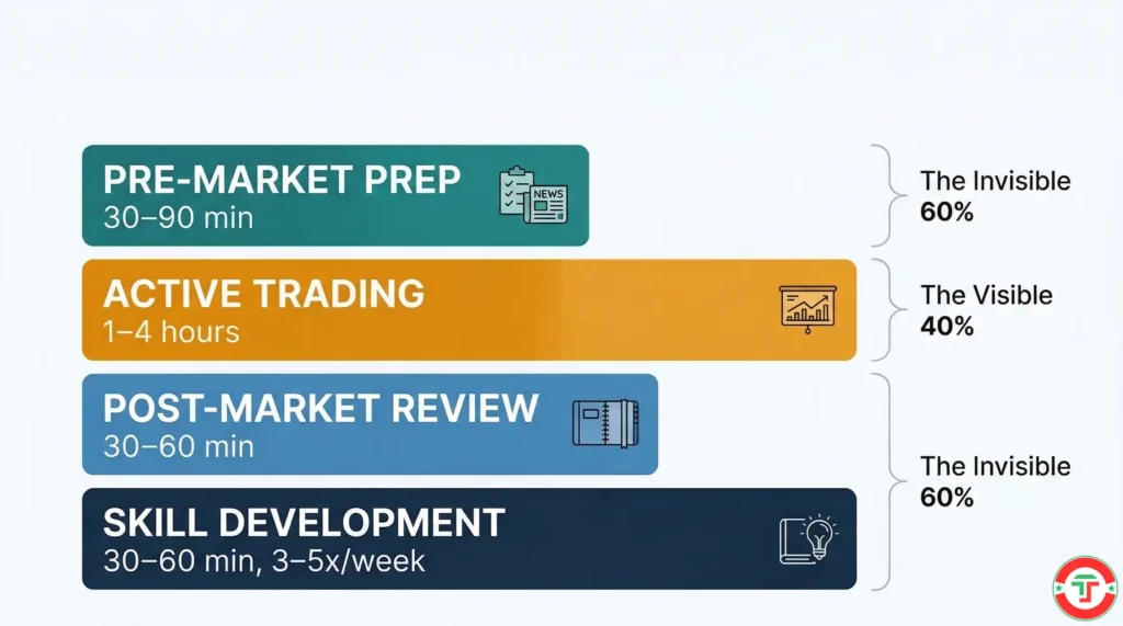 Infographic showing the four time blocks of a day trading workday: pre-market prep, active trading, post-market review, and skill development with time estimates