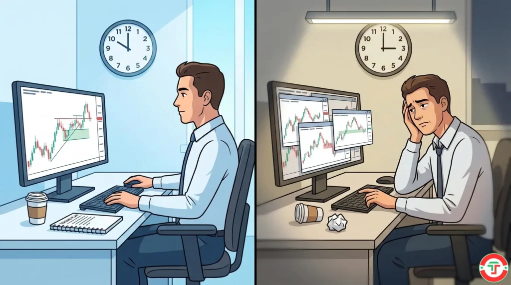 Split illustration contrasting a focused day trader in a short session with sharp decisions versus an exhausted trader after hours of screen time making poor choices