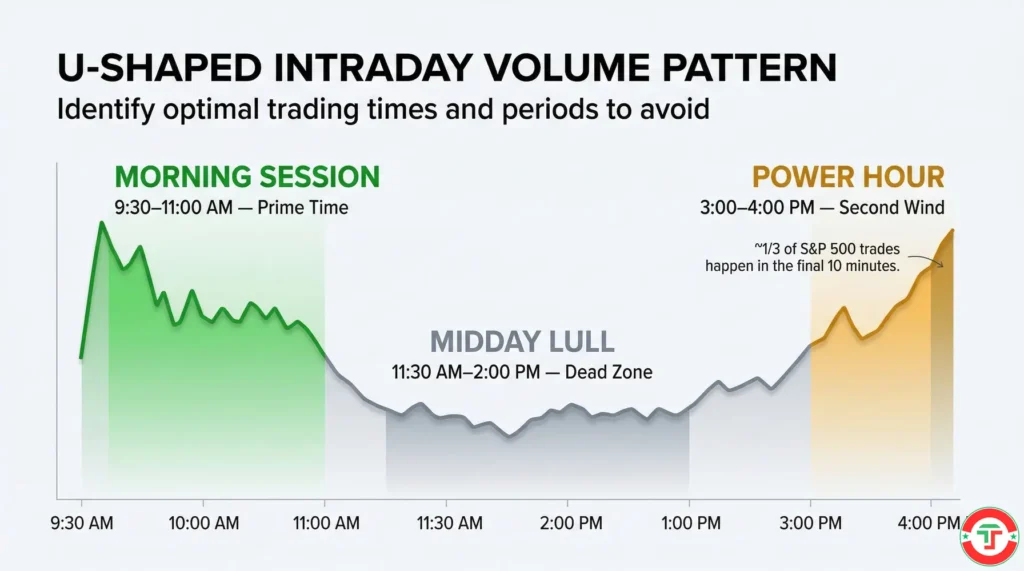 Diagram showing the U-shaped intraday volume pattern for stock trading — high volume at market open, low at midday, high again at close