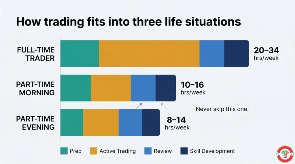Comparison diagram showing three realistic weekly day trading schedules with hour breakdowns for full-time, part-time morning, and part-time evening traders