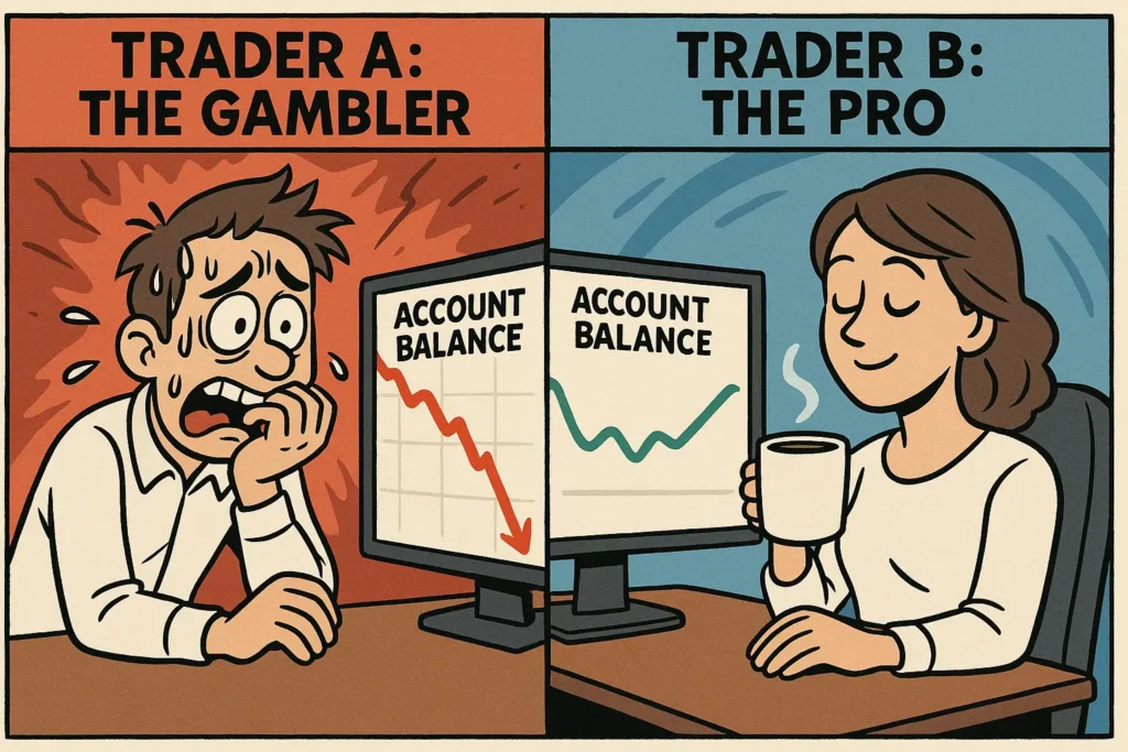 A split-panel comic showing a stressed gambler with a plummeting account balance versus a calm pro with a minor dip, illustrating a trading risk management example.