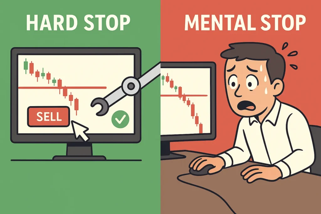 A 2D vector comparison of a hard stop-loss automatically executing versus a trader emotionally hesitating with a mental stop-loss, a common beginner mistake.