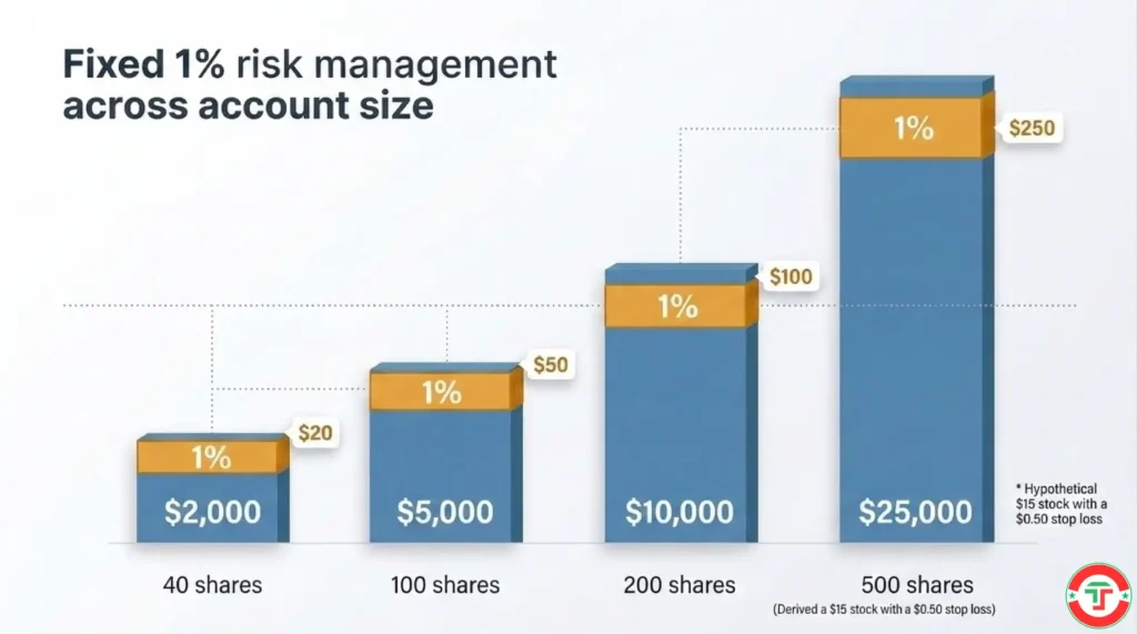Comparison diagram showing how the 1% risk rule translates to different dollar amounts at four day trading account sizes from $2,000 to $25,000