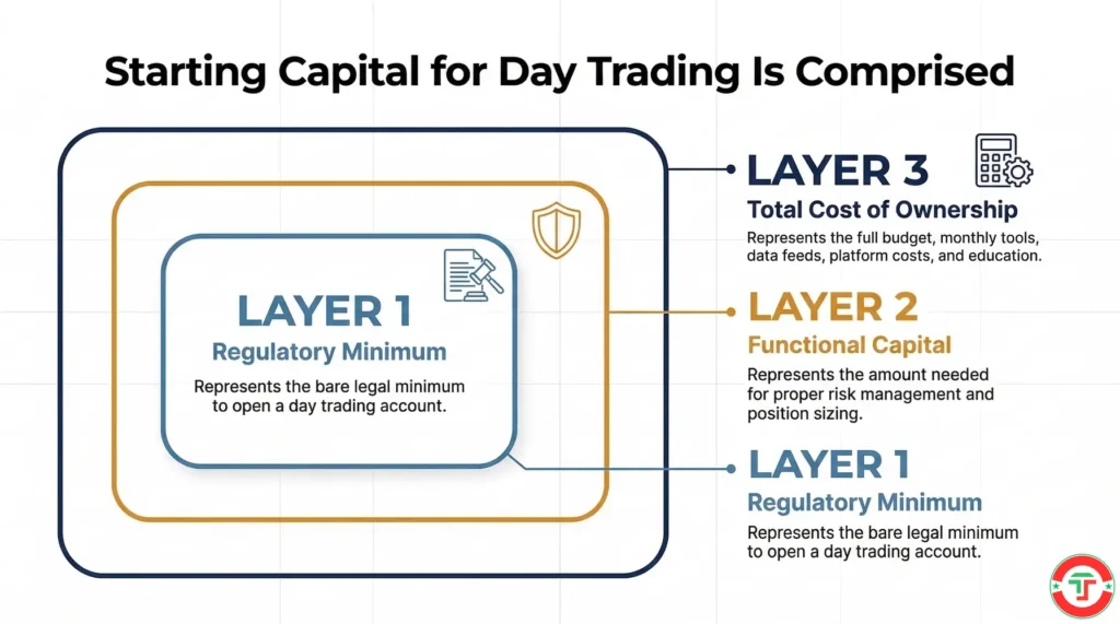 Infographic showing three nested layers of day trading starting capital: regulatory minimums, functional capital, and total cost of ownership