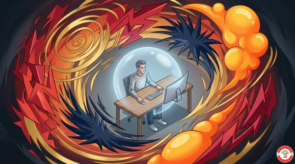 Editorial illustration of a trader's emotional storm with fear, greed, and anger swirling around a calm rational center — showing trading psychology pressure