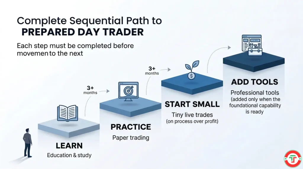 Infographic showing the four-step beginner day trading path: education, paper trading, starting small with live trading, then adding professional tools