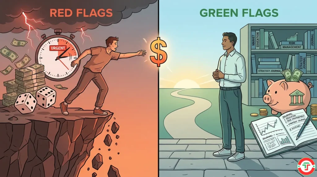 Split comparison showing red flag warning signs versus green flag positive indicators for deciding if day trading is right for you