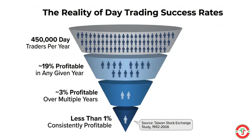 Infographic funnel showing day trading success rates narrowing from 450,000 traders at the top to fewer than 1% consistently profitable at the bottom