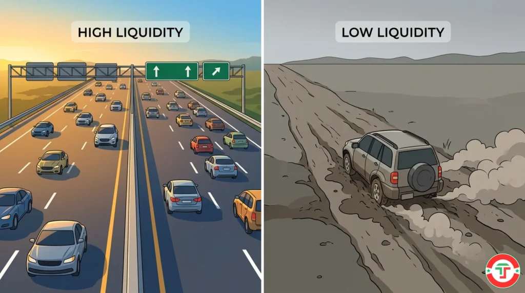 Split comparison of a wide six-lane highway with smooth traffic flow versus a narrow dirt road with a stuck vehicle, visualizing high liquidity versus low liquidity in day trading.