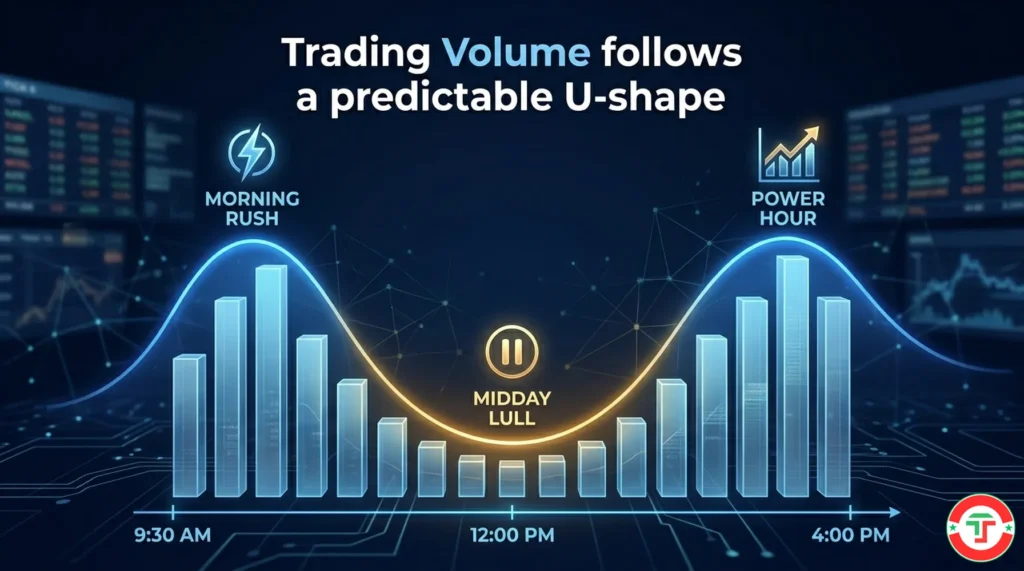 Clean infographic showing the U-shaped intraday trading volume pattern with high volume at market open and close and low volume during midday hours for day traders.