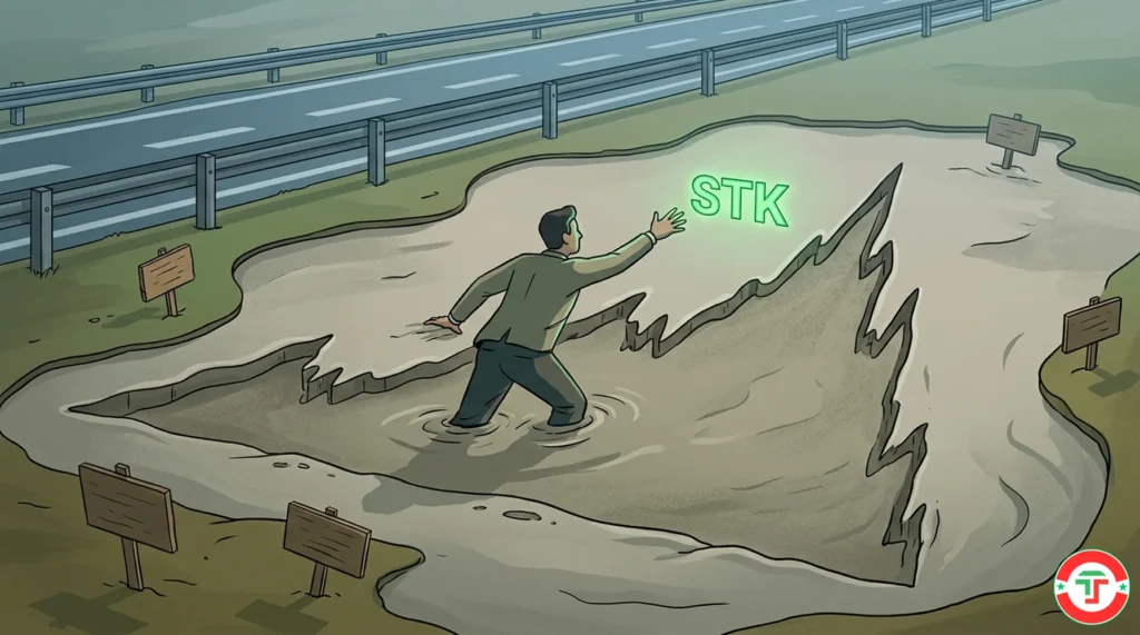 Editorial illustration of a trader sinking into quicksand while reaching toward a glowing stock ticker, warning beginners about the dangers of trading low-volume illiquid stocks.