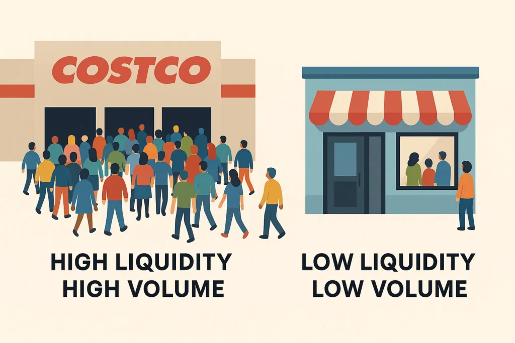 Illustration comparing high liquidity and volume with a crowded Costco store versus low liquidity and volume with a small boutique shop.