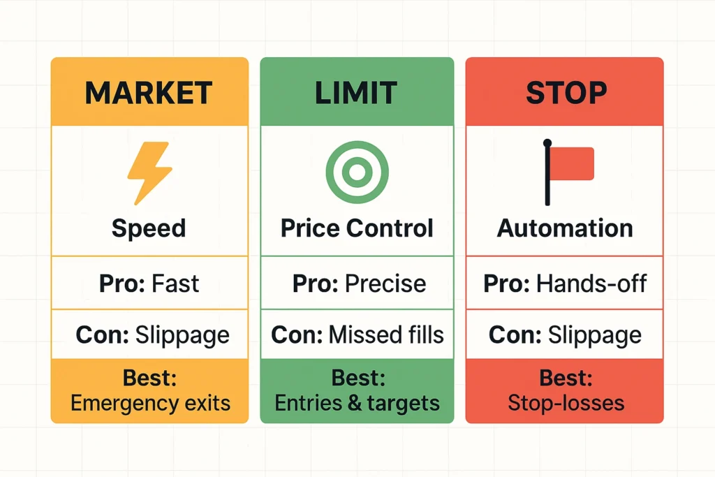 Side-by-side infographic showing the differences between market, limit, and stop orders with icons, pros, cons, and best uses.