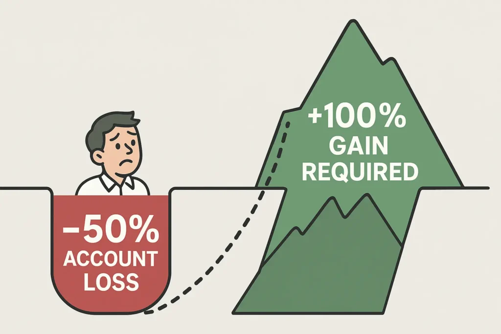 A 2D infographic illustrating how a 50% loss in a trading account requires a 100% gain to recover, highlighting the importance of capital preservation.