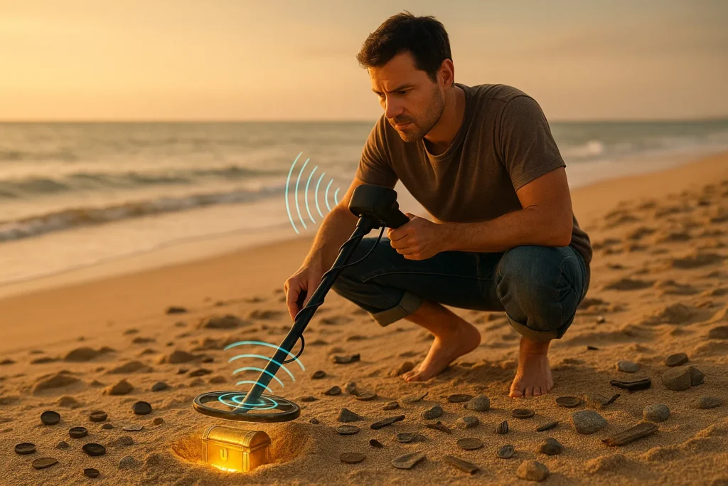 Metal detector on beach metaphor showing stock scanners find opportunities but traders must analyze before taking action