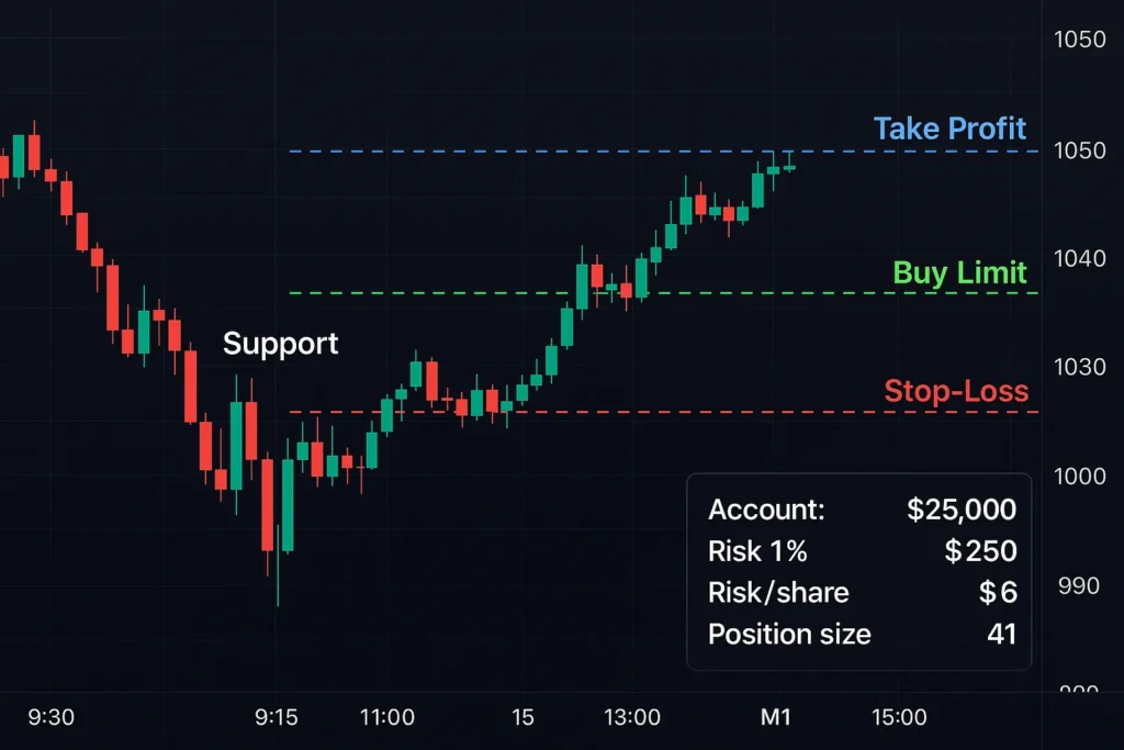 Illustrated candlestick chart of NVIDIA showing buy limit at $1000, stop-loss at $994, and take profit at $1050 with position sizing example