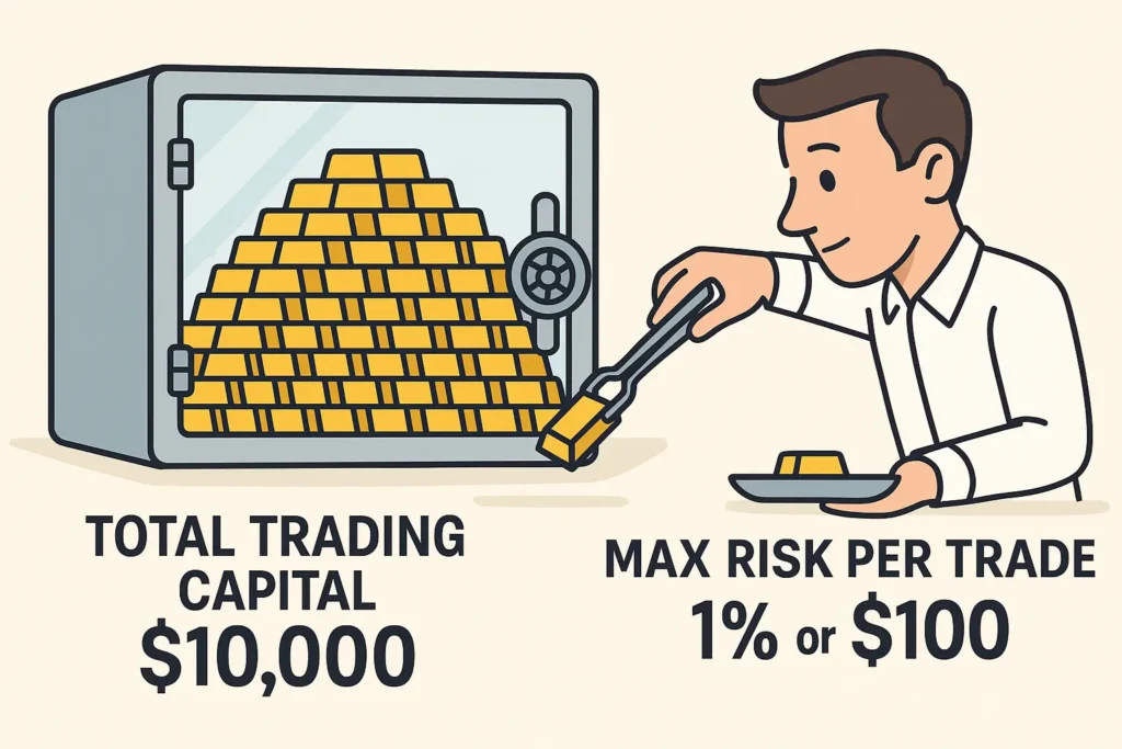 A 2D infographic visualizing the 1% risk rule, where a trader takes only one gold bar out of a vault of 100, symbolizing capital preservation in trading.