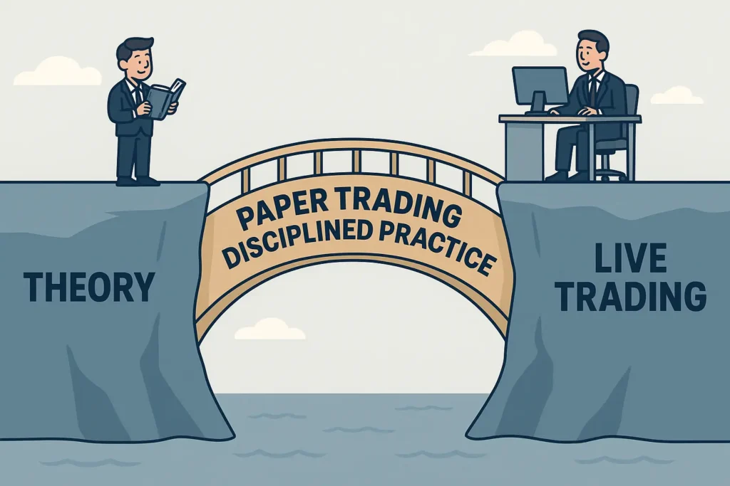 A 2D illustration showing a bridge labeled "Paper Trading" connecting a novice trader (Theory) to a professional trader (Live Trading), a required step for beginners.