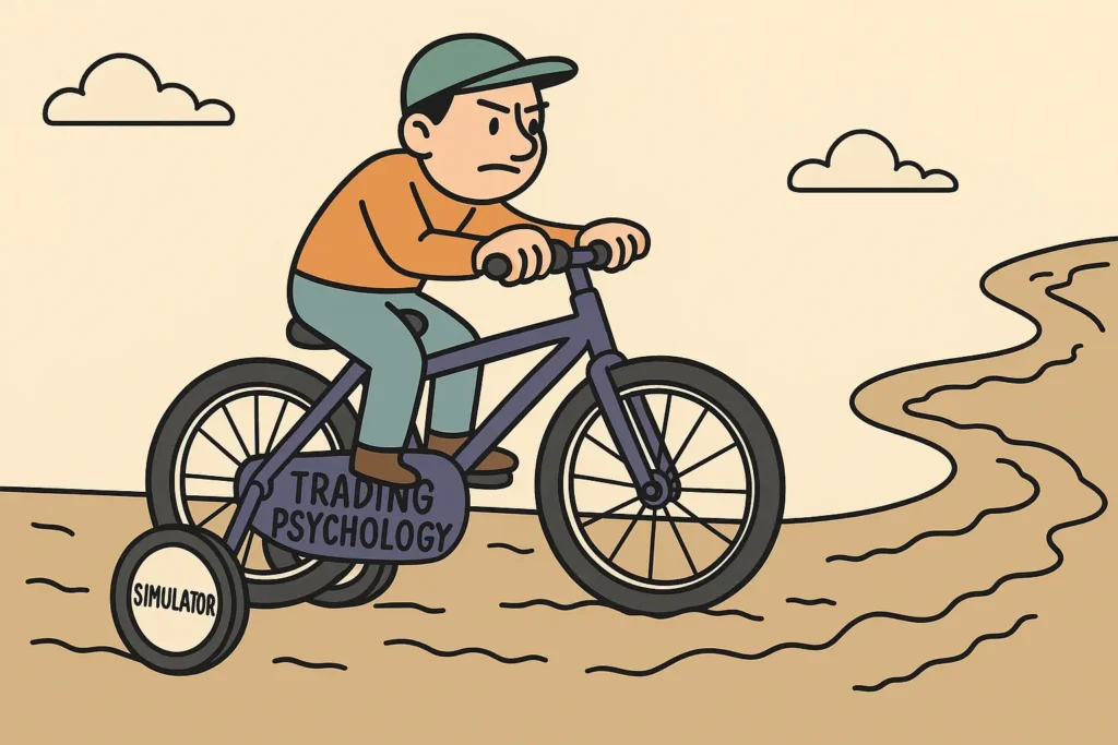 A 2D comic showing a trader learning to ride a "Trading Psychology" bicycle with "Simulator" training wheels, an analogy for paper trading.