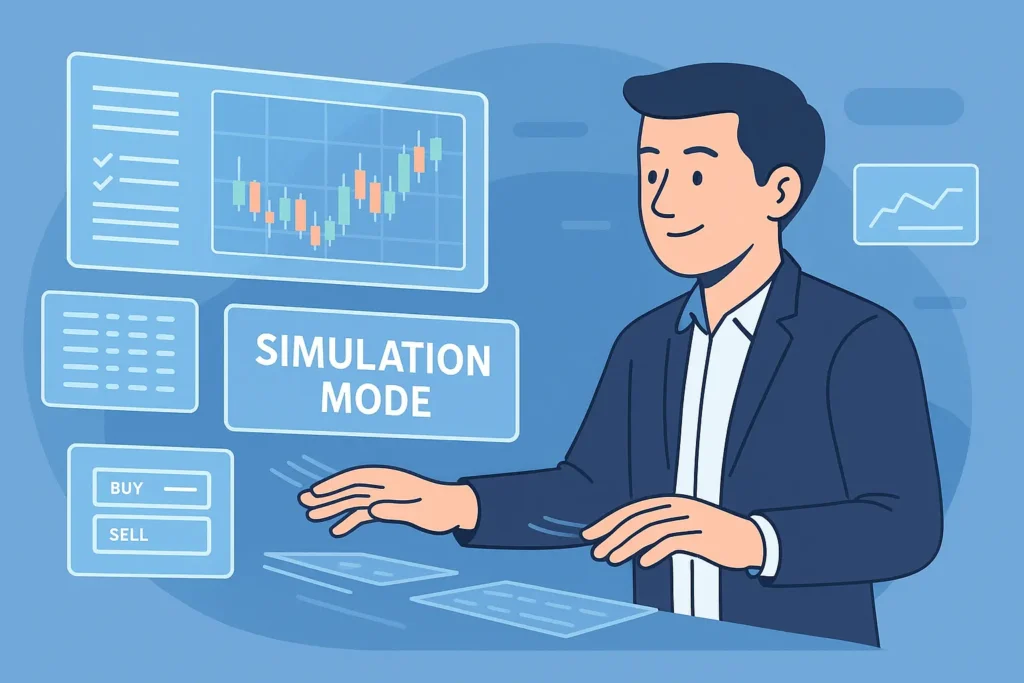 A 2D vector illustration of a trader confidently using a complex holographic trading platform in simulation mode, building muscle memory for paper trading.