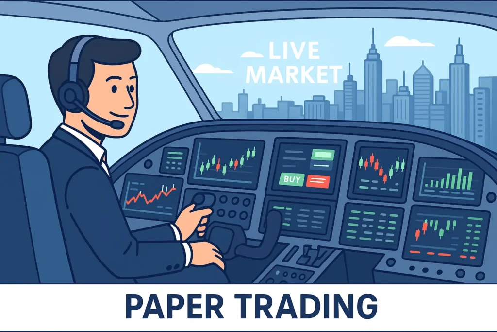 A 2D vector illustration of a trader in a flight simulator, with stock charts on the screens, symbolizing the importance of paper trading for beginners.