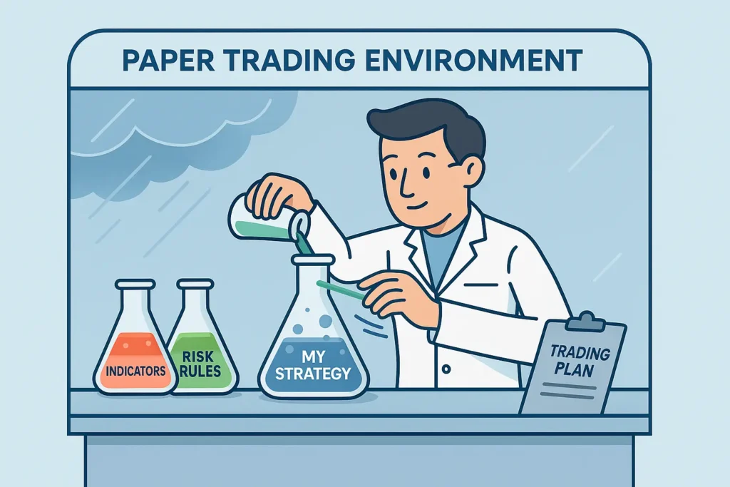 A 2D infographic of a trader as a scientist, testing a trading strategy in a safe lab environment labeled "Paper Trading," symbolizing risk-free practice.