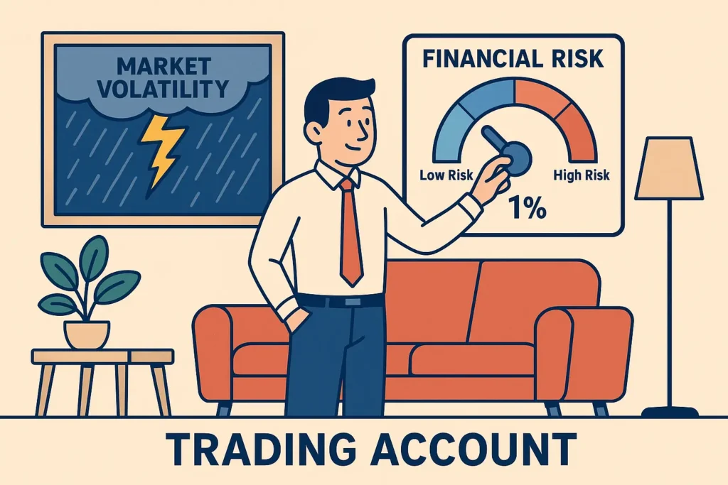 A 2D illustration of a trader adjusting a "Financial Risk" thermostat to 1%, showing how position sizing controls risk in a volatile market.