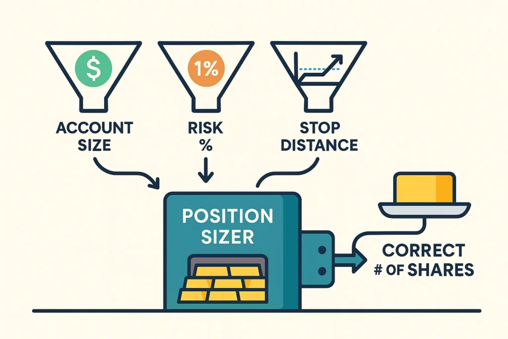 A 2D infographic machine explaining the position sizing formula, showing Account Size, Risk %, and Stop Distance as inputs to calculate the number of shares.