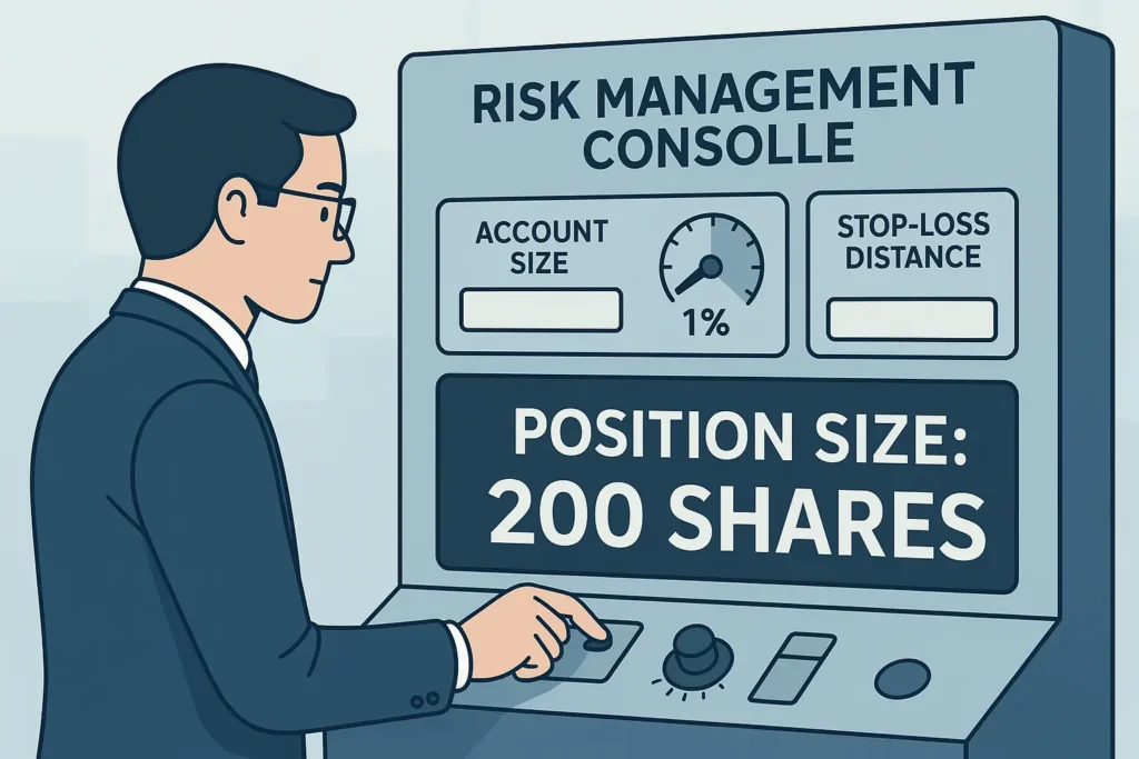 A 2D vector illustration showing a trader using a risk management console to calculate position size based on account size, risk percentage, and stop-loss.