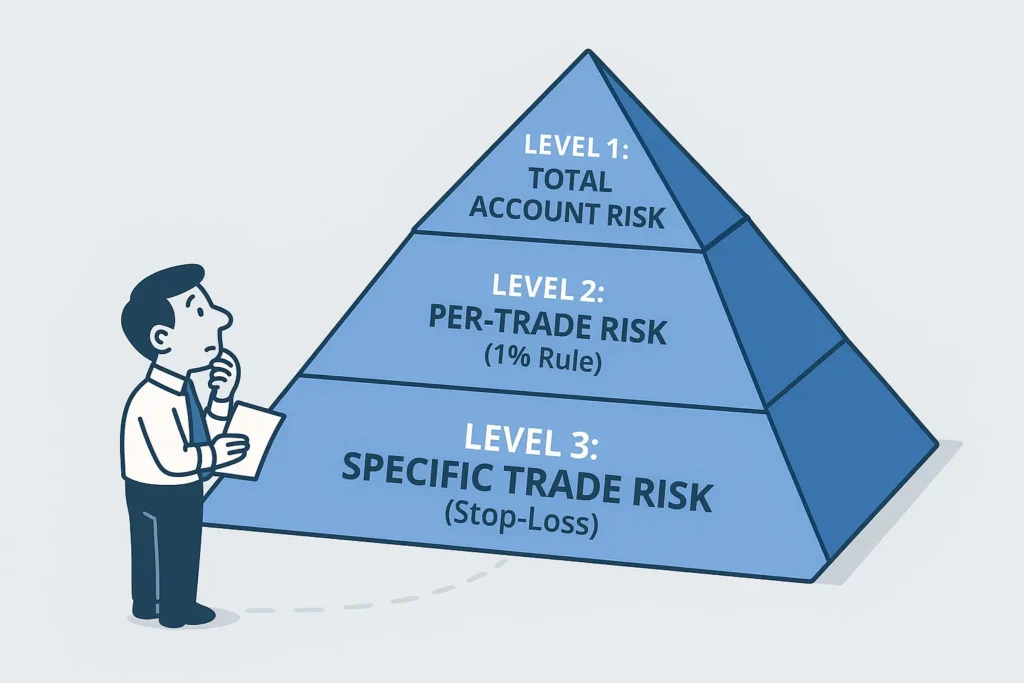 A 2D vector illustration of the "Pyramid of Risk" for traders, showing the three levels: total account risk, per-trade risk, and specific trade risk.