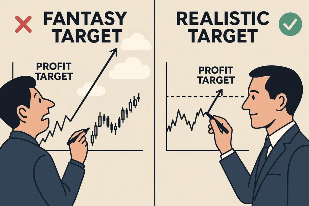 A split-panel illustration comparing a trader setting a fantasy profit target in the clouds versus setting a realistic profit target based on chart resistance levels.